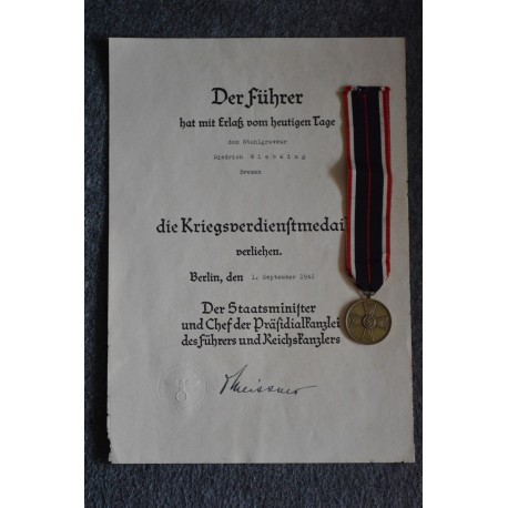 A Third Reich German War Merit Medal with Paper Award.