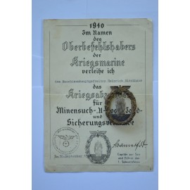 Germany, Kriegsmarine. A Minesweeper War Badge with Paper Award.
