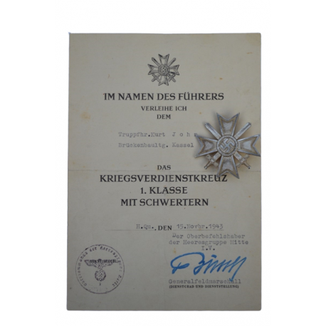 A War Merit Cross First Class with Swords and Paper Award signed Generalfeldmarschall Ernst Busch.