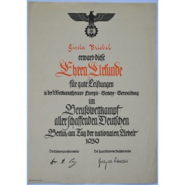 An Hj Award Document For Great Achievements Of A Hitler Youth Girl At The Trades Competition In Berlin 1939