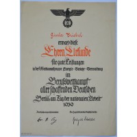 An Hj Award Document For Great Achievements Of A Hitler Youth Girl At The Trades Competition In Berlin 1939