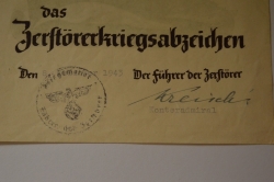 A 1943 War Badge Award Document to Mascinenobrgefreiten Johannes Gränitz of the Destroyer Torpedobootes 
