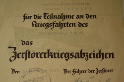 A 1943 War Badge Award Document to Mascinenobrgefreiten Johannes Gränitz of the Destroyer Torpedobootes 