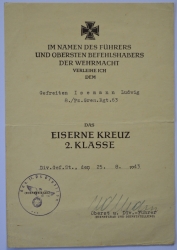 Set Paper Awards after Gefreiten Isemann Ludwig 8./Pz.Gren.Rgt.63