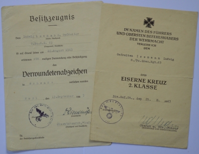 Set Paper Awards after Gefreiten Isemann Ludwig 8./Pz.Gren.Rgt.63