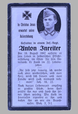 A 1942 Obituary (Death Card) to Gefreiter Infantry Regiment Anton Inreiter.