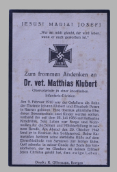 A 1941 Obituary (Death Card) to Croatian Infantry Regiment Dr. med. wet. Matthias Klubert.