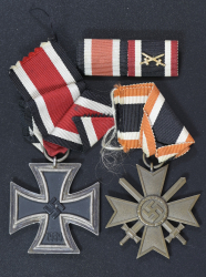 Set badges Iron Cross, War Merit Cross with swords and ribbon bar.