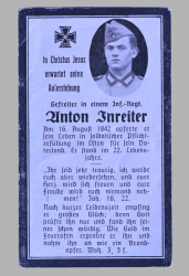 A 1942 Obituary (Death Card) to Infantry Regiment Soldier Anton Inreiter.
