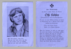 A 1941 Obituary (Death Card) to Obersgefreiter  in the bomber squadron Ossi Köhler.