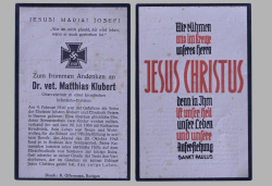 A 1941 Obituary (Death Card) to Croatian Infantry Regiment Dr. med. wet. Matthias Klubert.