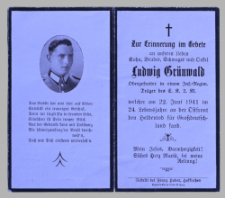 A 1941 Obituary (Death Card) to Obergefreiter Infantry Regiment Ludwig Grünwald.