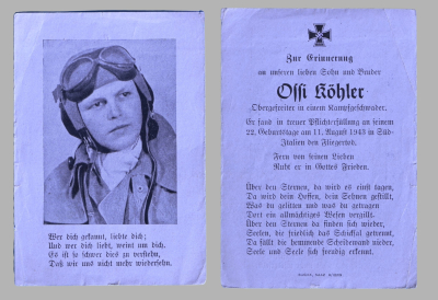A 1941 Obituary (Death Card) to Obersgefreiter  in the bomber squadron Ossi Köhler.